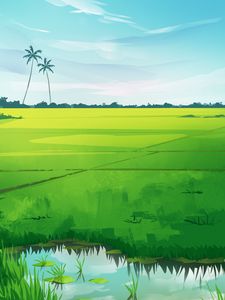 Preview wallpaper palm, grass, river, art