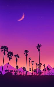 Preview wallpaper palm, mountains, moon, purple, night, art