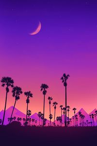 Preview wallpaper palm, mountains, moon, purple, night, art