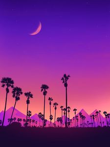 Preview wallpaper palm, mountains, moon, purple, night, art