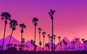 Preview wallpaper palm, mountains, moon, purple, night, art