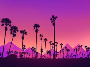 Preview wallpaper palm, mountains, moon, purple, night, art