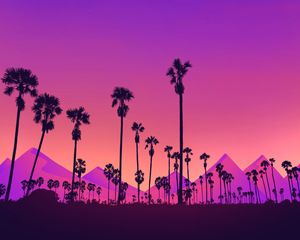 Preview wallpaper palm, mountains, moon, purple, night, art