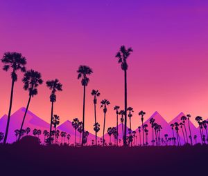 Preview wallpaper palm, mountains, moon, purple, night, art