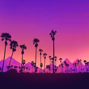 Preview wallpaper palm, mountains, moon, purple, night, art