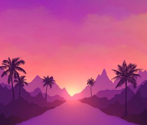 Preview wallpaper palm, road, hills, vector, art