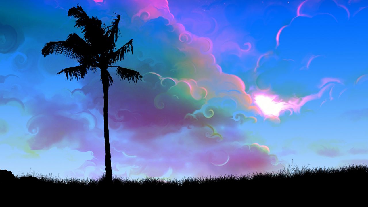 Wallpaper palm, tree, art, twilight, night