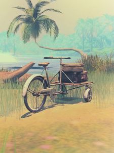 Preview wallpaper palm tree, art, lagoon, beach, bicycle, grass, wheel