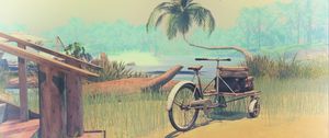 Preview wallpaper palm tree, art, lagoon, beach, bicycle, grass, wheel