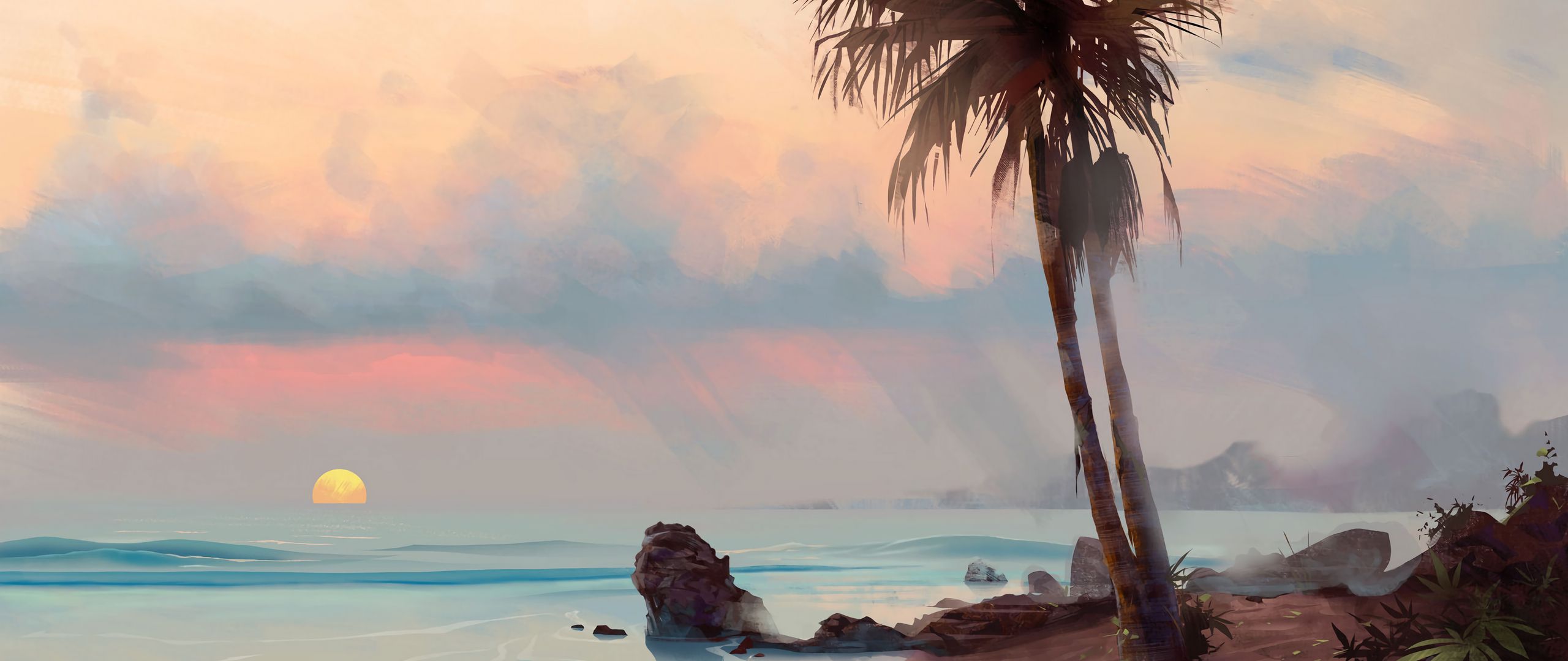 Download wallpaper 2560x1080 palm tree, beach, art, shore, tropics dual