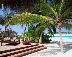 Preview wallpaper palm tree, beach, sand, tropical, sofas, stairs