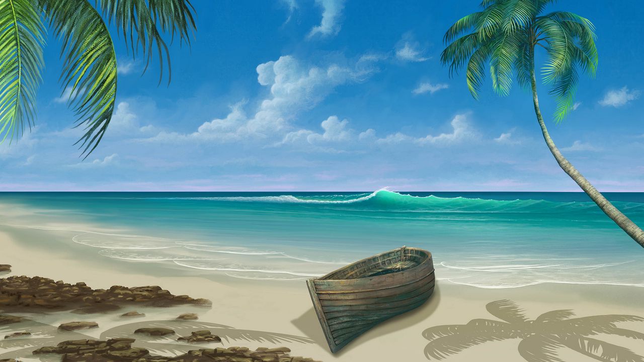 Wallpaper palm tree, boat, ocean, surf, art