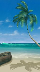 Preview wallpaper palm tree, boat, ocean, surf, art