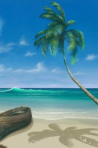 Preview wallpaper palm tree, boat, ocean, surf, art