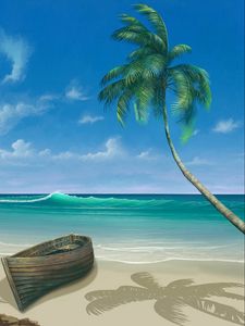 Preview wallpaper palm tree, boat, ocean, surf, art