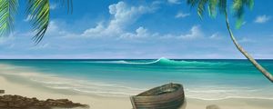 Preview wallpaper palm tree, boat, ocean, surf, art