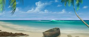 Preview wallpaper palm tree, boat, ocean, surf, art