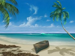 Preview wallpaper palm tree, boat, ocean, surf, art