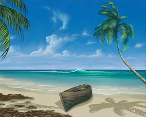 Preview wallpaper palm tree, boat, ocean, surf, art