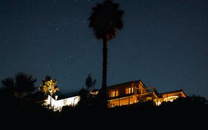 Preview wallpaper palm tree, house, night, starry sky, dark