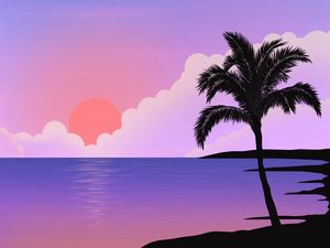 Preview wallpaper palm tree, sea, sunset, island, art