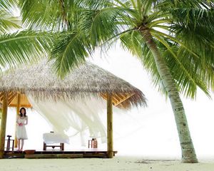 Preview wallpaper palm trees, arbor, girl, wind, sand