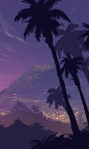 Preview wallpaper palm trees, art, night, mountains, landscape, shadows