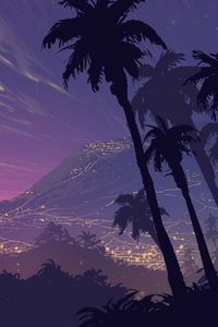 Preview wallpaper palm trees, art, night, mountains, landscape, shadows