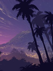 Preview wallpaper palm trees, art, night, mountains, landscape, shadows