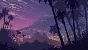 Preview wallpaper palm trees, art, night, mountains, landscape, shadows