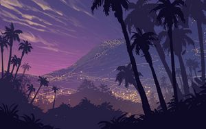 Preview wallpaper palm trees, art, night, mountains, landscape, shadows