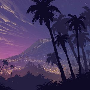 Preview wallpaper palm trees, art, night, mountains, landscape, shadows