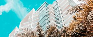 Preview wallpaper palm trees, building, tropics, sky, bottom view