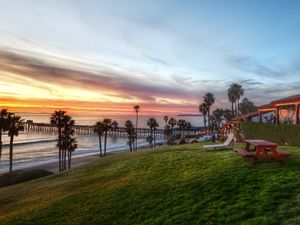 Preview wallpaper palm trees, coast, sea, table, benches, picnic, slope, evening