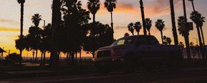 Preview wallpaper palm trees, dark, road, car, dusk