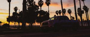 Preview wallpaper palm trees, dark, road, car, dusk