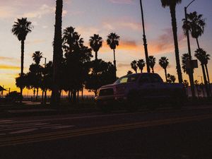 Preview wallpaper palm trees, dark, road, car, dusk