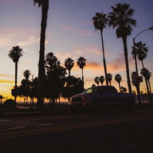 Preview wallpaper palm trees, dark, road, car, dusk