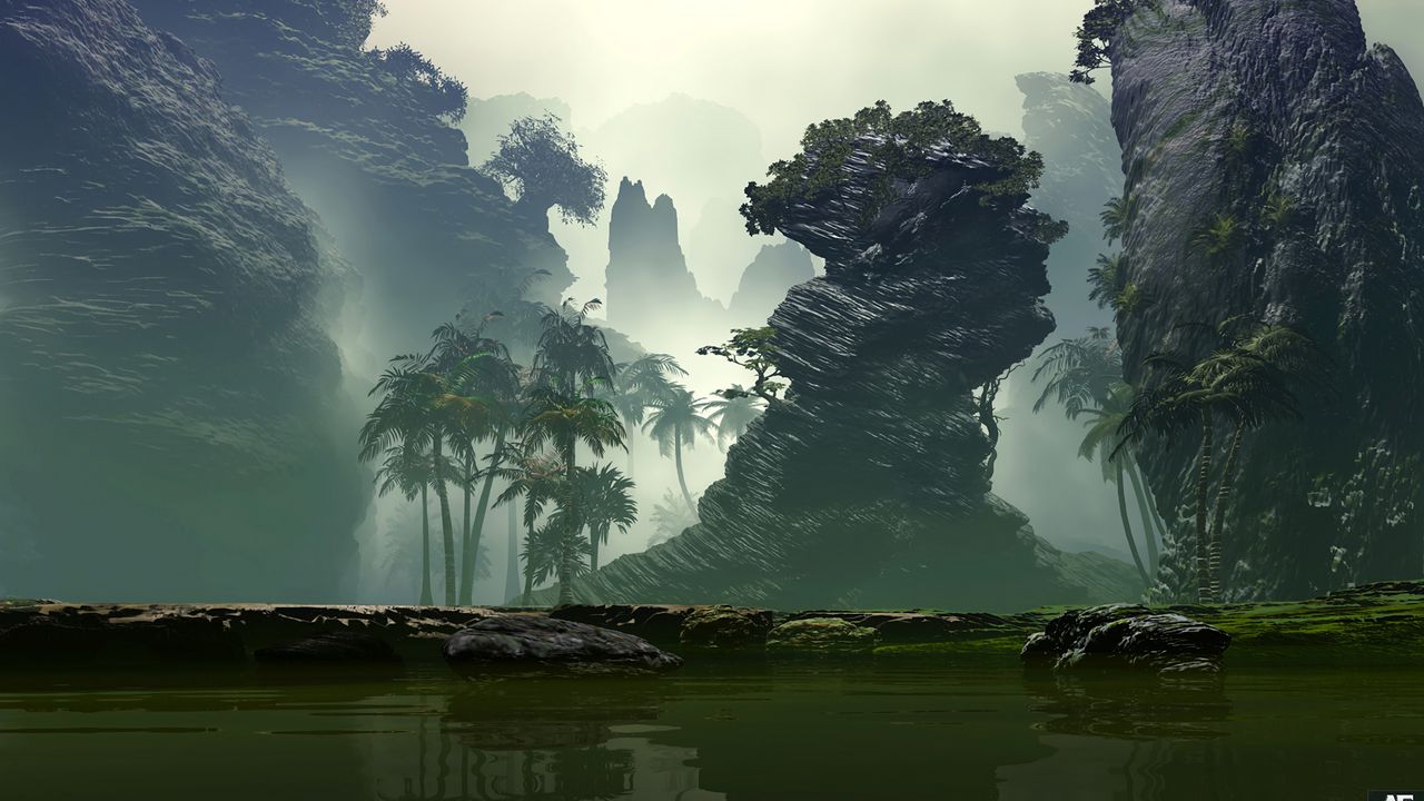 Wallpaper palm trees, fog, art, lake, rocks