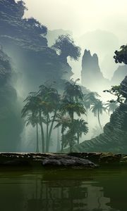 Preview wallpaper palm trees, fog, art, lake, rocks