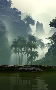 Preview wallpaper palm trees, fog, art, lake, rocks