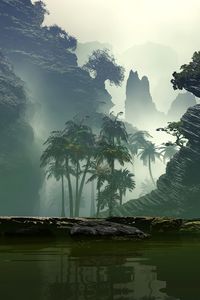 Preview wallpaper palm trees, fog, art, lake, rocks