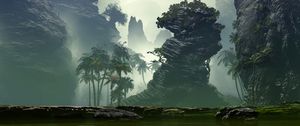 Preview wallpaper palm trees, fog, art, lake, rocks