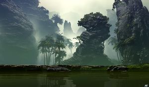 Preview wallpaper palm trees, fog, art, lake, rocks