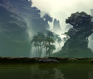 Preview wallpaper palm trees, fog, art, lake, rocks