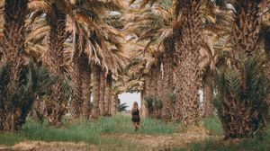 Preview wallpaper palm trees, grass, girl, tropics, nature