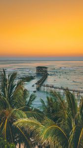Preview wallpaper palm trees, ocean, sunset, pier, building