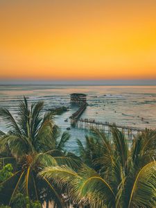 Preview wallpaper palm trees, ocean, sunset, pier, building