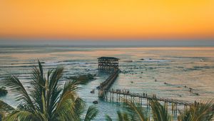 Preview wallpaper palm trees, ocean, sunset, pier, building