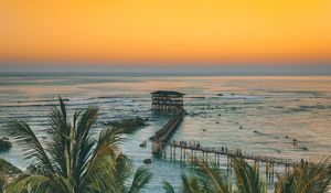 Preview wallpaper palm trees, ocean, sunset, pier, building